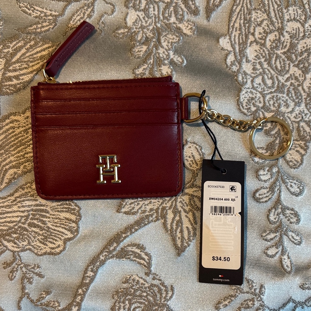 Tommy Hilfiger Wine Red Leather Card Holder with Keychain